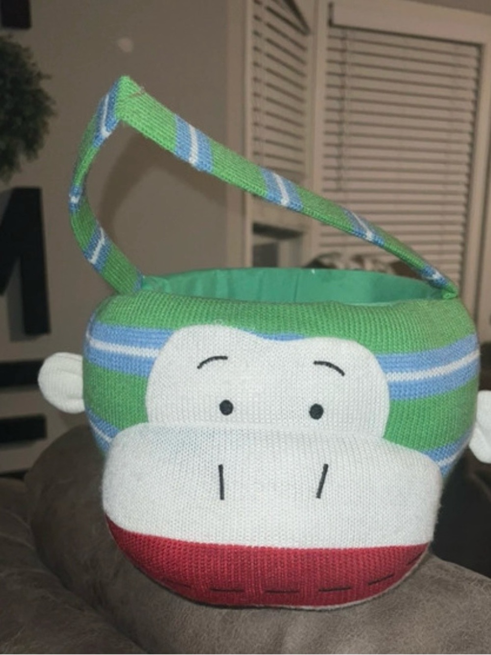 Plush Monkey Basket Toy in Green and Blue – Cute Storage for Kids